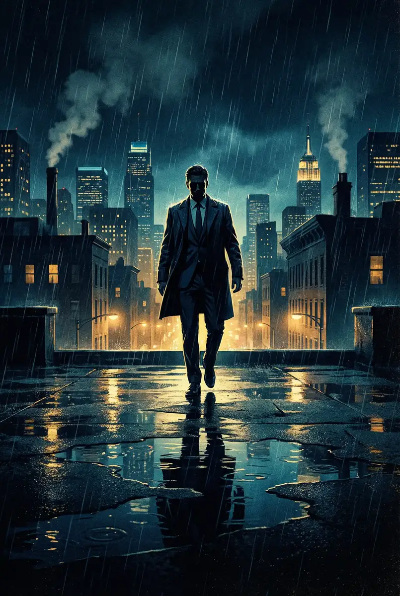 快喵加速器 出品影片《雨夜独行者》海报，雨中城市屋顶男性剪影